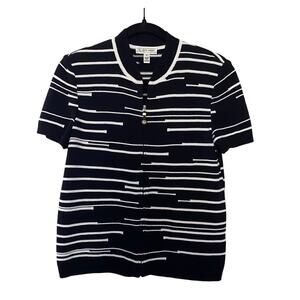 St John Short Sleeve Santana Knit Zip up Jacket Black white Stripes sz Small